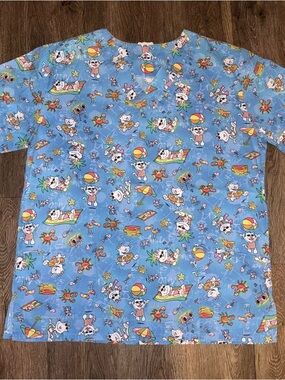 Vintage blue beach kitty cat print scrub top